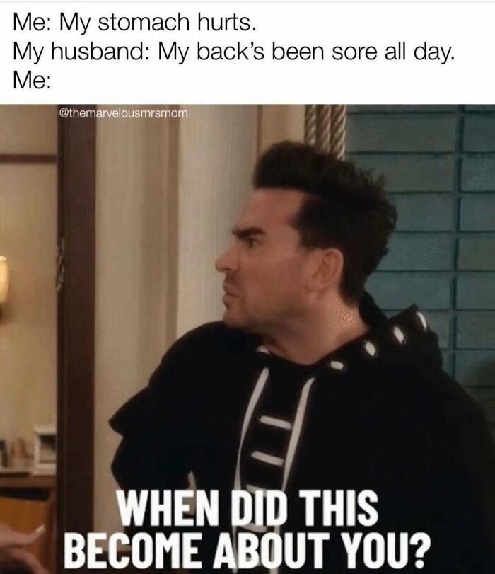 Man in black hoodie looking surprised with text about marriage pain and backache, a funny chaotic marriage meme.