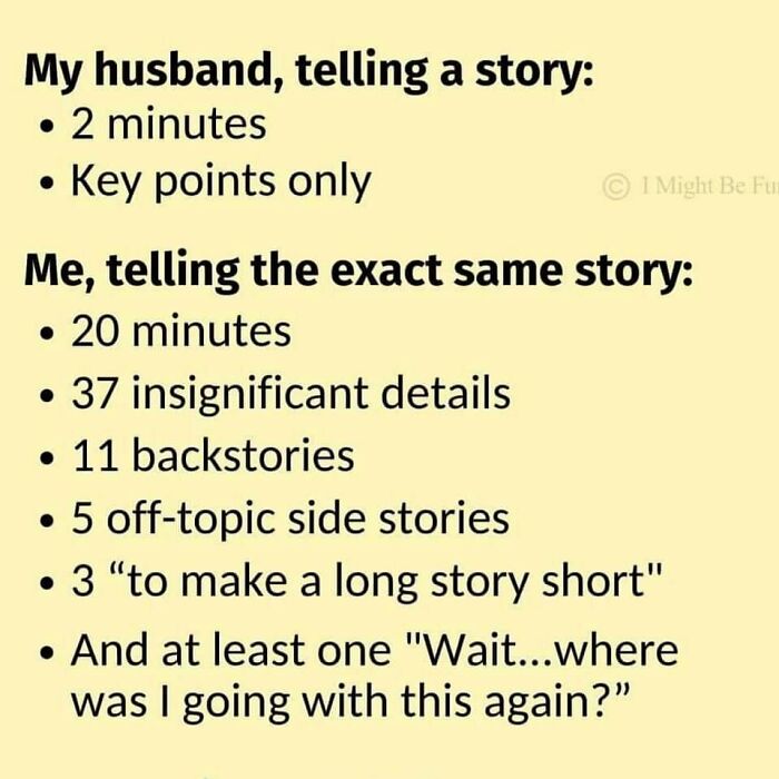 Funny and chaotic marriage meme comparing husband’s short story to wife’s long, detailed, and off-topic storytelling style.