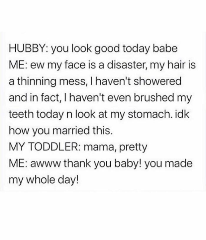 Funny and chaotic marriage meme showing a humorous conversation between hubby, wife, and toddler about appearance and love.