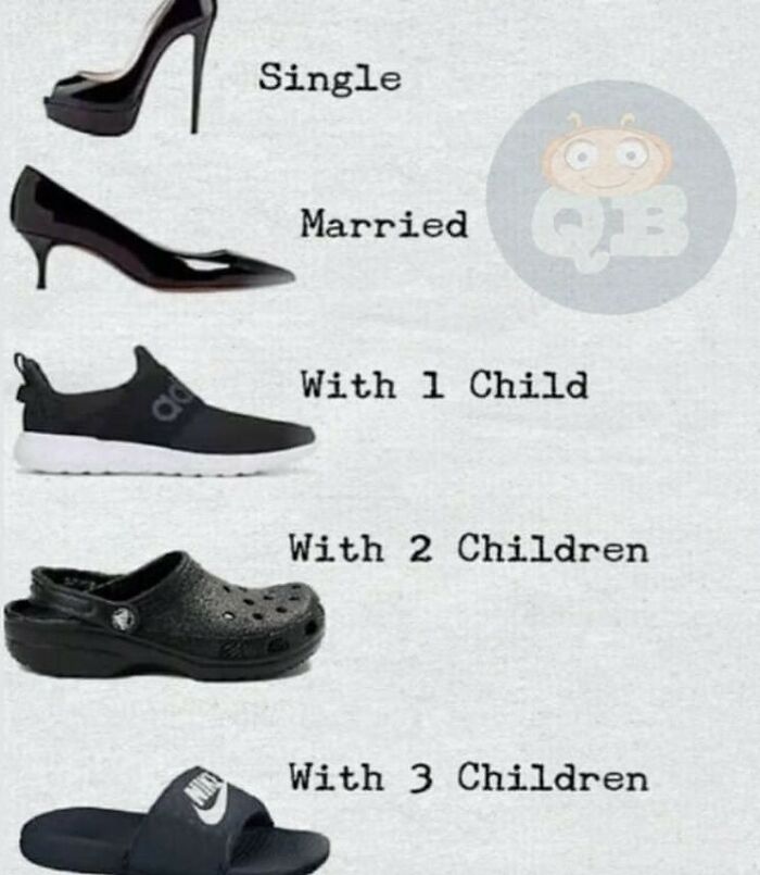 Different types of shoes illustrating stages of marriage and parenthood in a funny chaotic marriage meme.