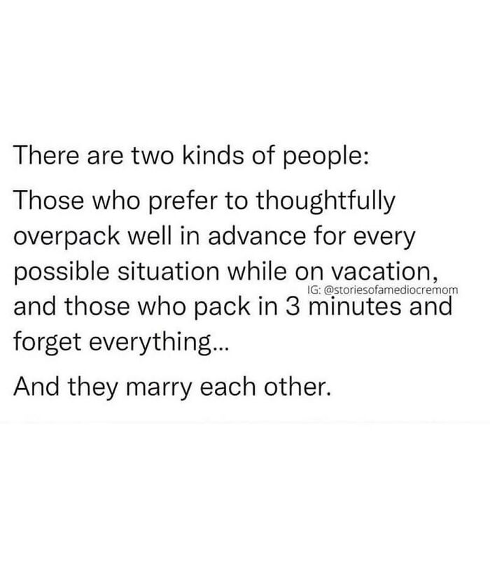 Funny marriage meme about couples with opposite packing habits marrying each other, highlighting chaotic relationship humor.