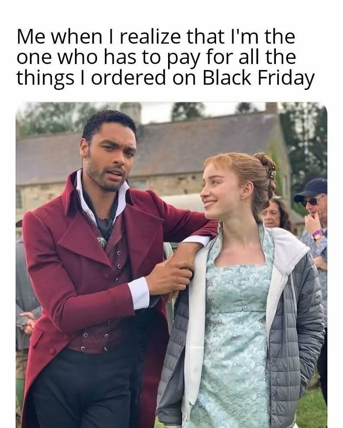 Two Bridgerton actors in costume with a humorous caption about Black Friday, showcasing popular Bridgerton memes.