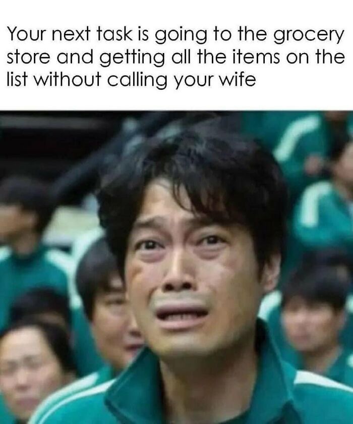 Man looking distressed with text about the chaotic challenge of shopping without calling wife, marriage memes humor.