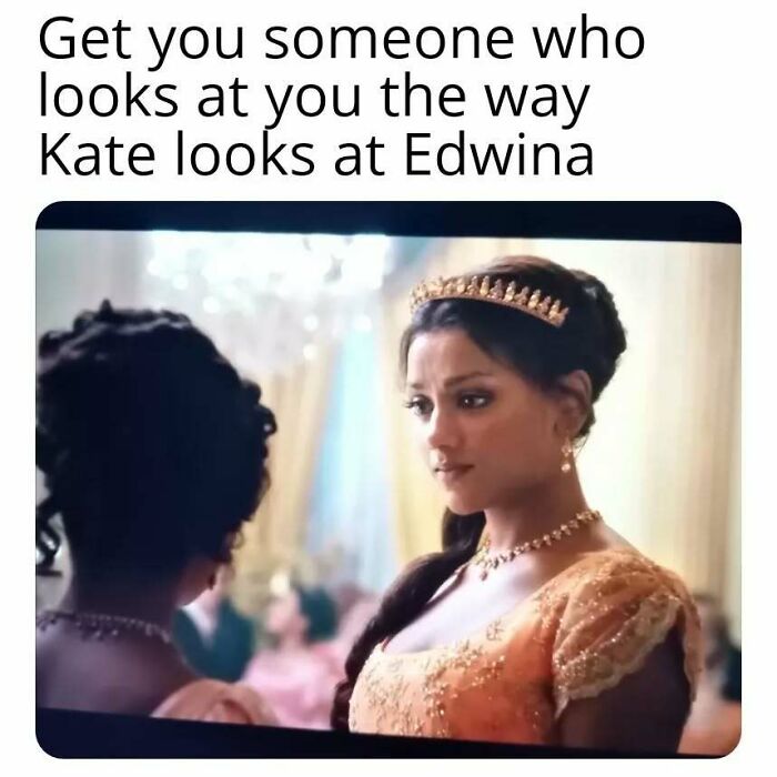 Scene from Bridgerton showing Kate gazing at Edwina at a formal event, popular Bridgerton memes for fans.