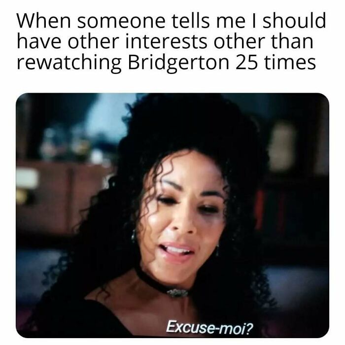 Woman with curly hair reacting with surprise, captioned about rewatching Bridgerton, reflecting Bridgerton memes fans enjoy.