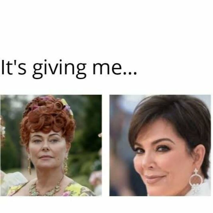 Bridgerton meme featuring a character with red curls and a woman smirking, captioned It's giving me.
