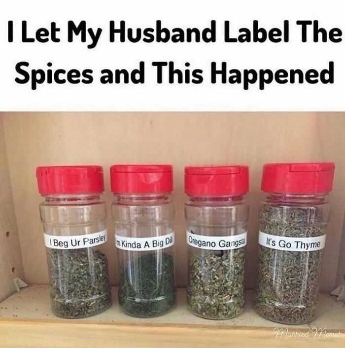 Funny marriage meme showing spice jars humorously labeled by a husband, reflecting chaotic and playful couple moments.