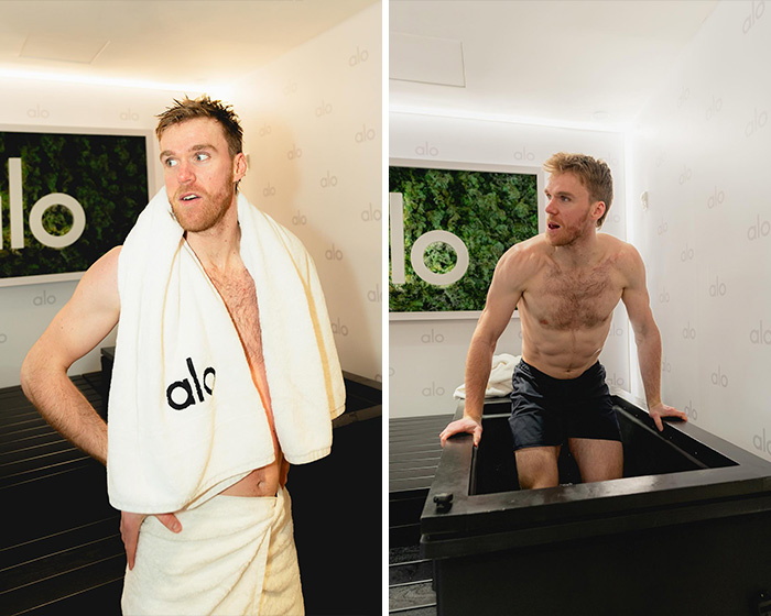 Athlete with towel and shirtless in recovery room, showcasing fitness and strength for 2026 Winter Olympics athletes.