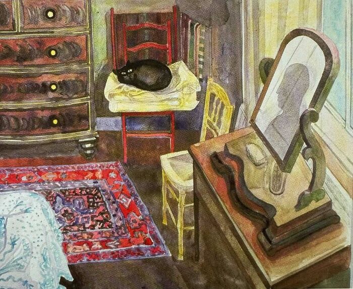 Painting of a black cat resting on a chair in a vintage room, illustrating cats as favorite art subjects over the years.