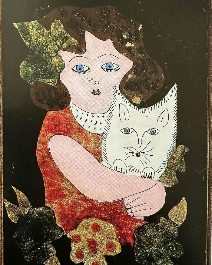Abstract painting of a woman with blue eyes holding a white cat, showcasing cats as a favorite subject in art throughout the years.