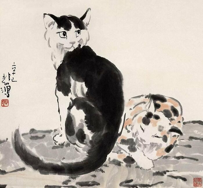 Traditional ink painting of cats showcasing artistic depictions of cats as a favorite art subject throughout the years.