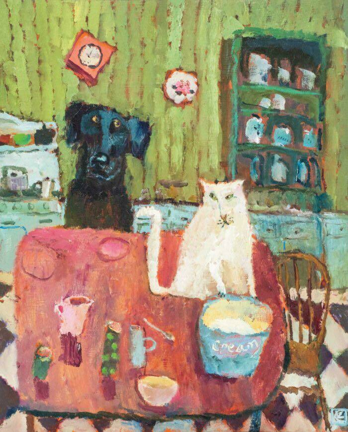Impressionist painting of a cat and dog in a colorful kitchen, showcasing cats as a favorite art subject through the years.