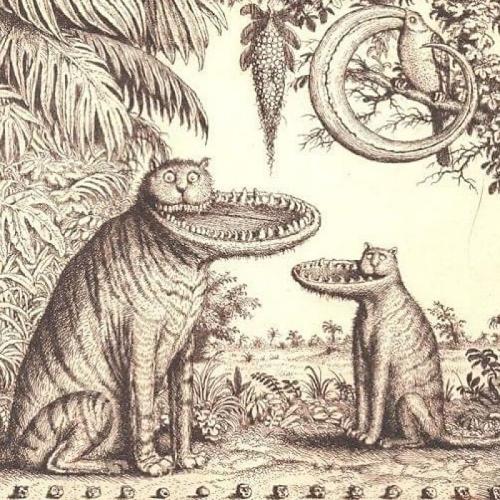 Surreal painting of cats with crocodile-like jaws in a detailed natural setting, showcasing cat art throughout the years.