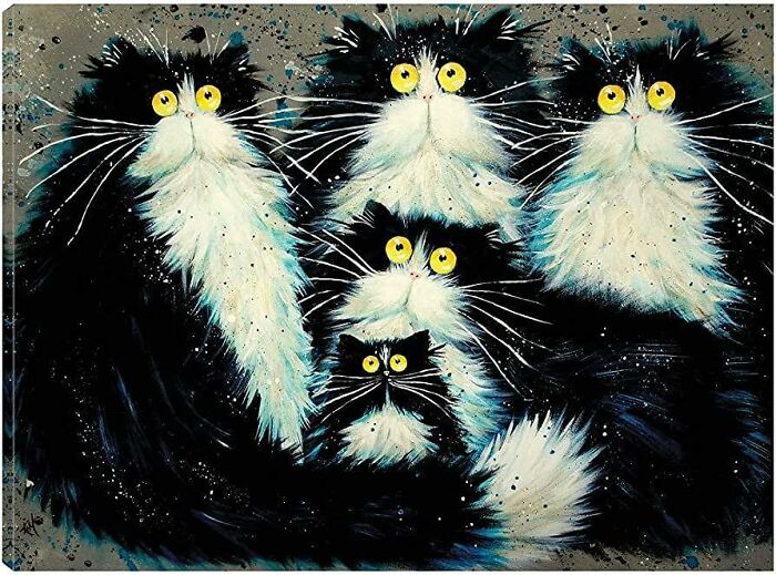 Whimsical painting of five black and white cats with bright yellow eyes, showcasing cats as a favorite art subject through the years.