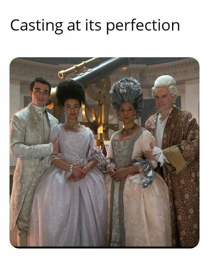 Four Bridgerton cast members in period costumes posing together with text casting at its perfection above.