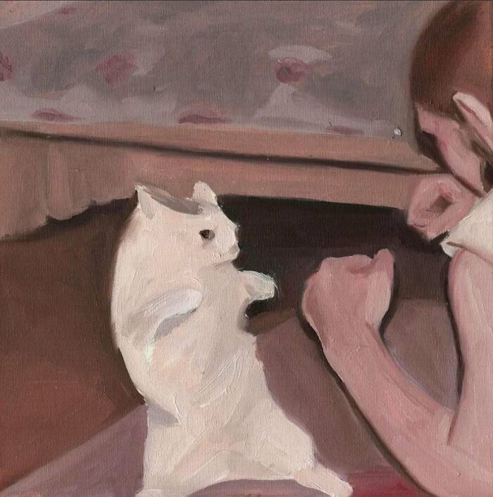 Painting of a white cat standing on hind legs facing a person, illustrating cats as a favorite art subject through the years.