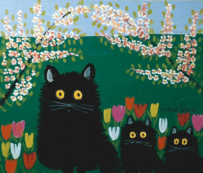 Painting of three black cats with bright yellow eyes among colorful flowers and blooming branches, highlighting cats as favorite art subjects.