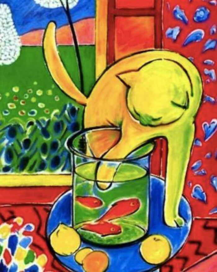 Colorful painting of a cat drinking from a fishbowl with goldfish, featuring vibrant artistic style in cat paintings artwork.