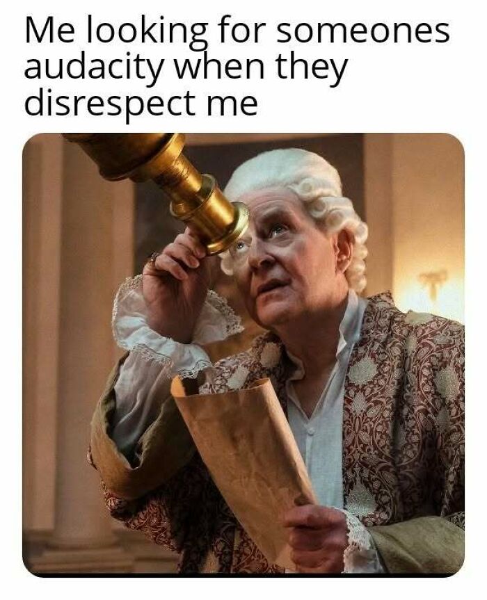 Character from Bridgerton dressed in period costume looking through a brass telescope holding a scroll.