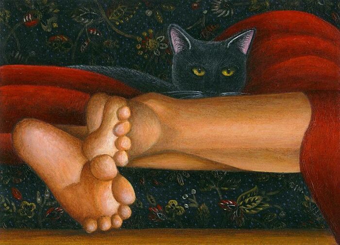 Black cat peeking from under red blanket near human feet in a painting showing cats as favorite art subjects.