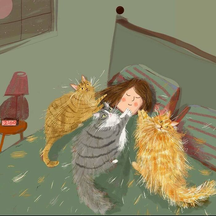 Illustration of cats surrounding a sleeping person, showcasing cats as a favorite subject in paintings throughout the years.