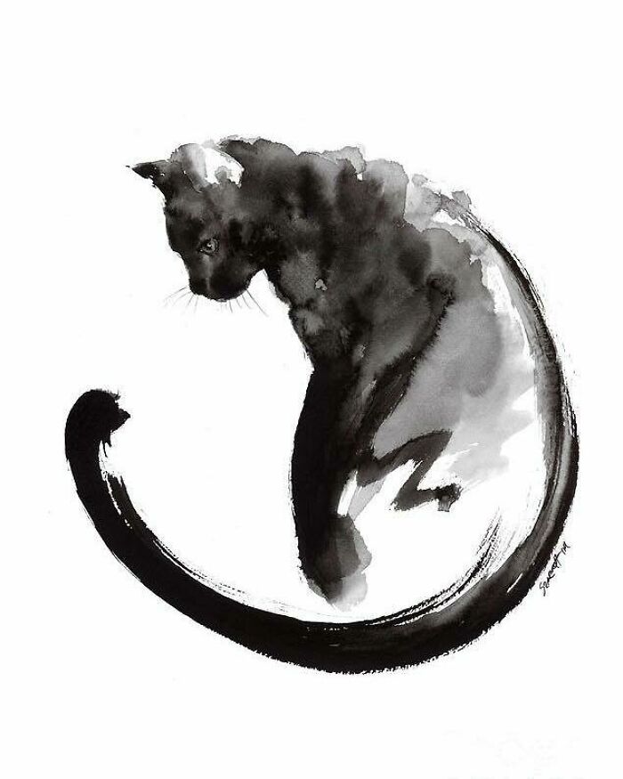 Black and white watercolor painting of a cat curled in a circular pose, showcasing cats as a favorite art subject.