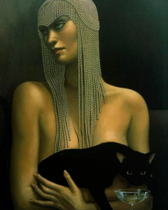 Woman with beaded headdress holding a black cat next to a glass, painting showcasing cats as favorite art subject.