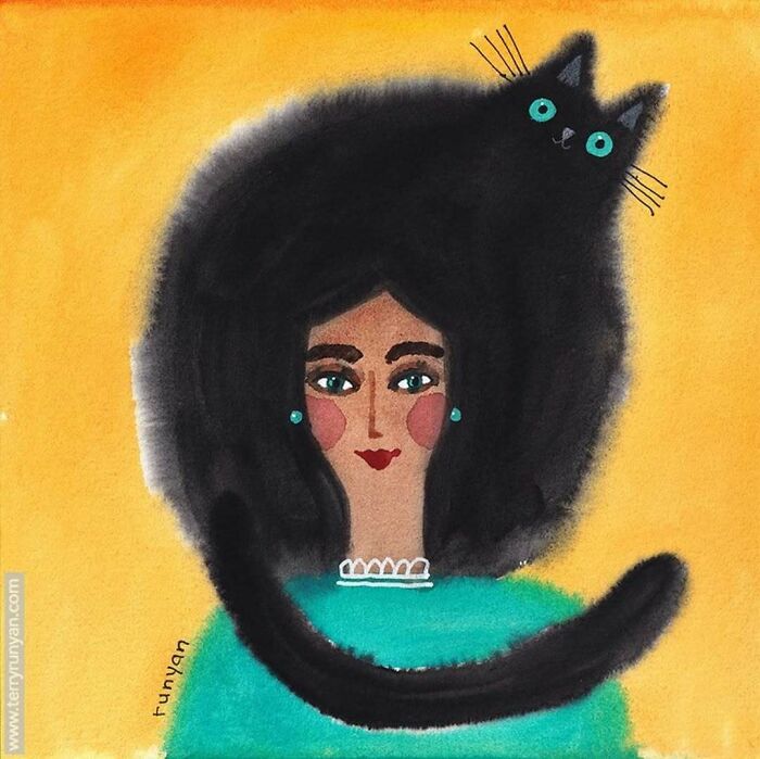 Abstract painting of a woman with a large black cat that forms her hair, illustrating cats as favorite art subjects.