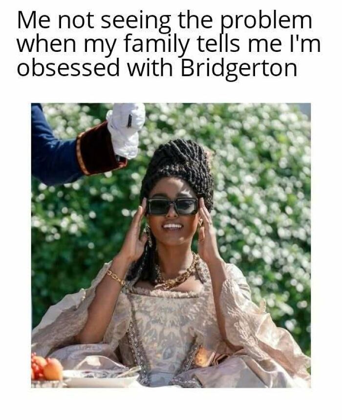 Woman in Bridgerton costume wearing sunglasses and smiling, caption about being obsessed with Bridgerton series fans.