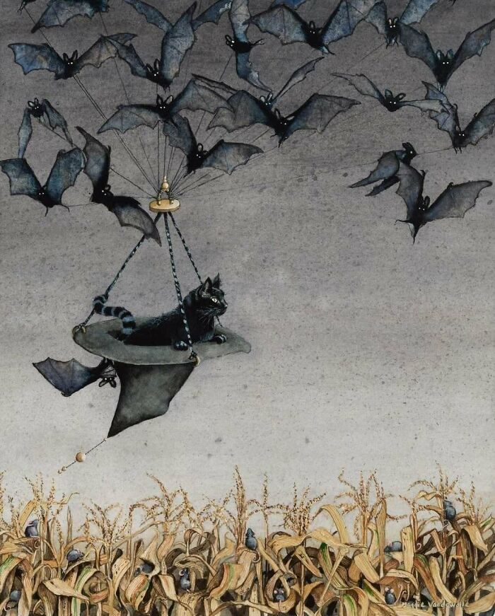 Surreal painting of a cat flying above a field carried by bats, showcasing cats as favorite art subjects.