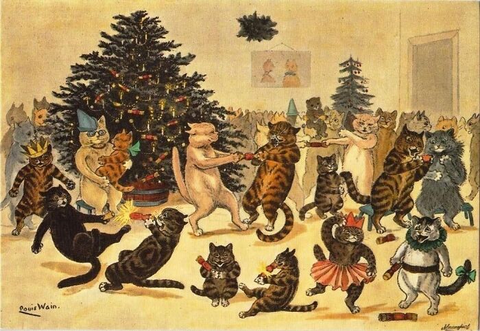 Vintage painting of cats dancing and celebrating around a decorated Christmas tree, showcasing cats as favorite art subjects.