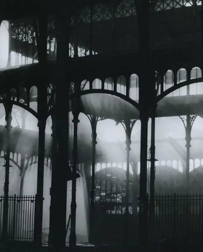 Black and white image of intricate architectural structures with arches and beams showcasing human creativity.