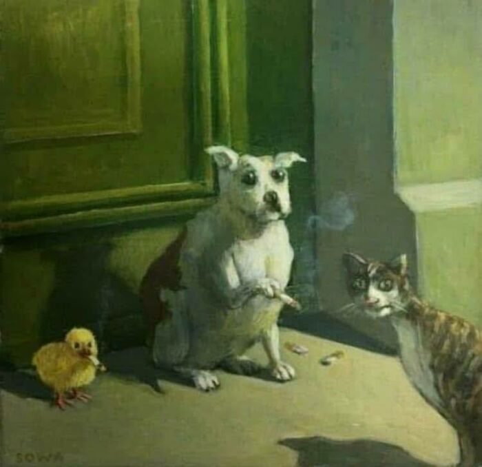 Painting depicting a dog, cat, and duckling together, illustrating cats as a favorite art subject throughout the years.