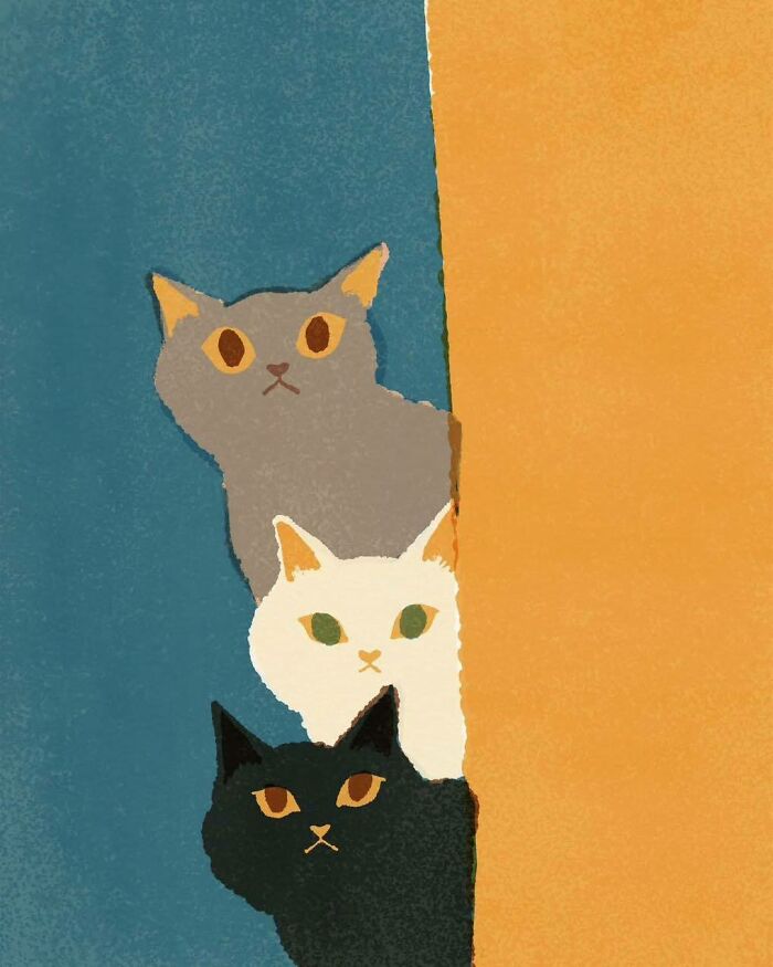 Illustration of three cats peeking from behind a wall, showcasing painting of cats as a favorite art subject.