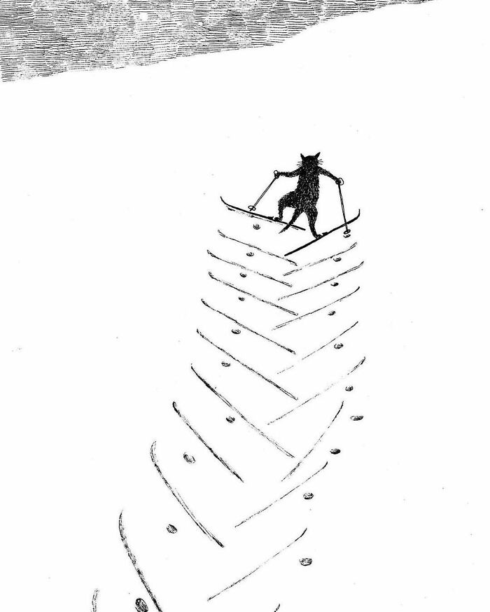 Cat painting showing a black cat skiing down a snowy slope leaving zigzag tracks in a minimalist art style.