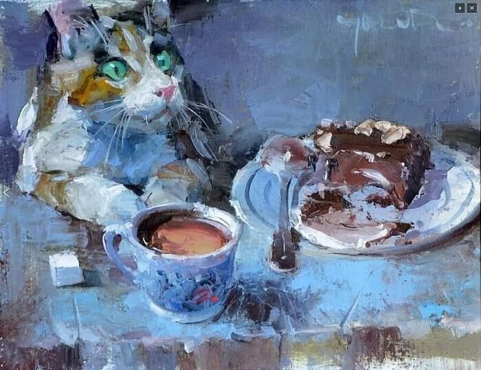 Impressionist painting of a cat with green eyes beside a cup of tea and a piece of chocolate cake on a table.