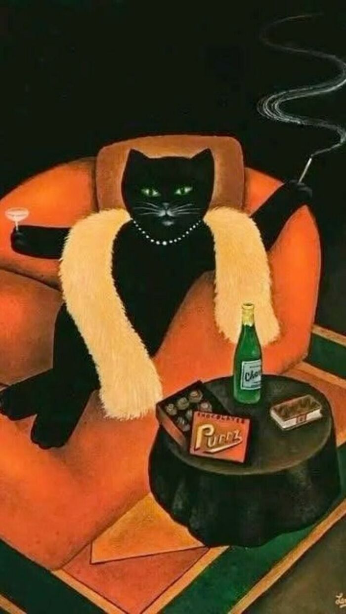 Black cat painting wearing a fur stole, holding a drink and cigarette, representing classic cat art subject across the years.