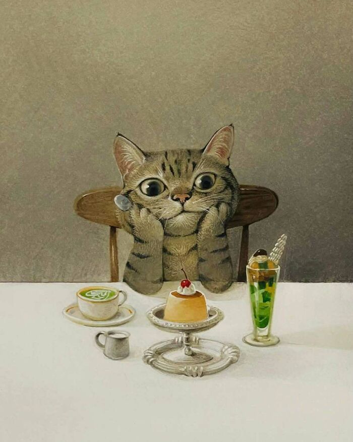 Painting of a wide-eyed cat sitting at a table with desserts, showcasing cats as favorite art subjects through the years.