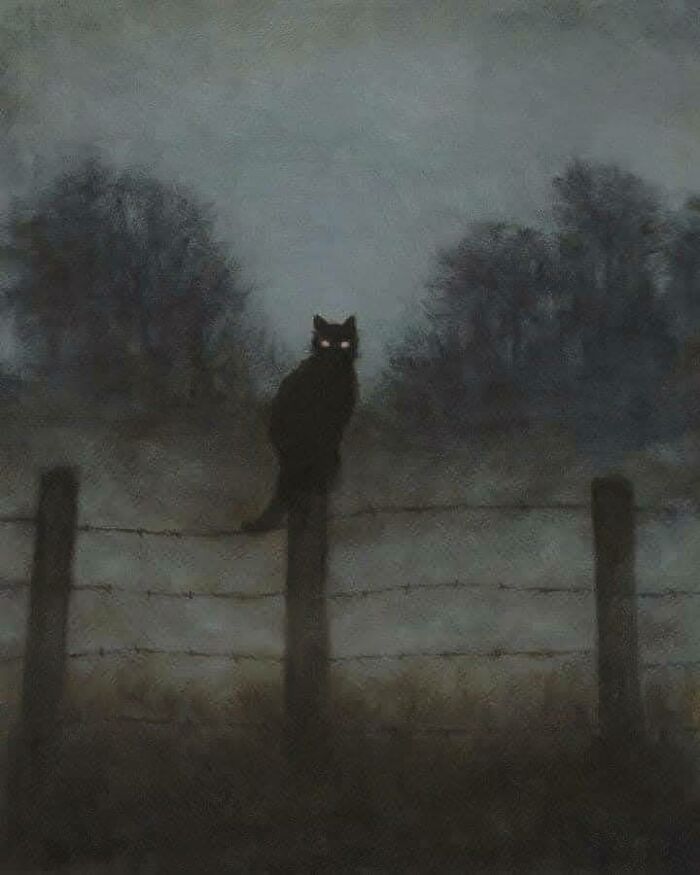 Black cat with glowing eyes perched on a fence post in a dark, foggy landscape painting of cats art subject.