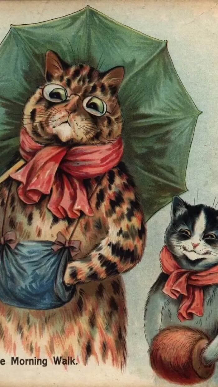 Vintage painting of cats with scarves and umbrella, showcasing cats as a favorite art subject throughout the years.