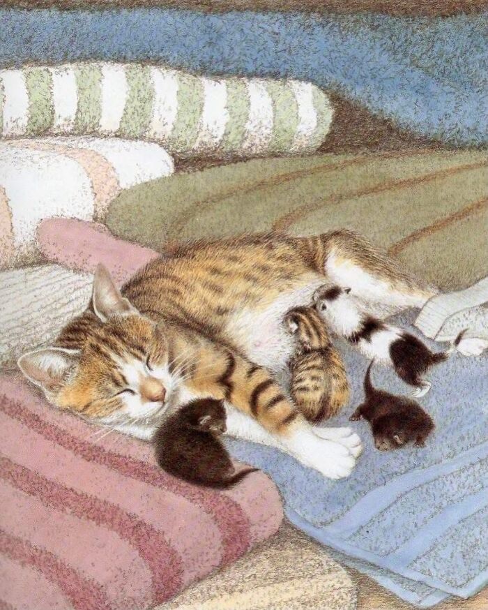 Painting of a cat resting with her kittens on colorful blankets, showcasing cats as favorite art subjects through the years.