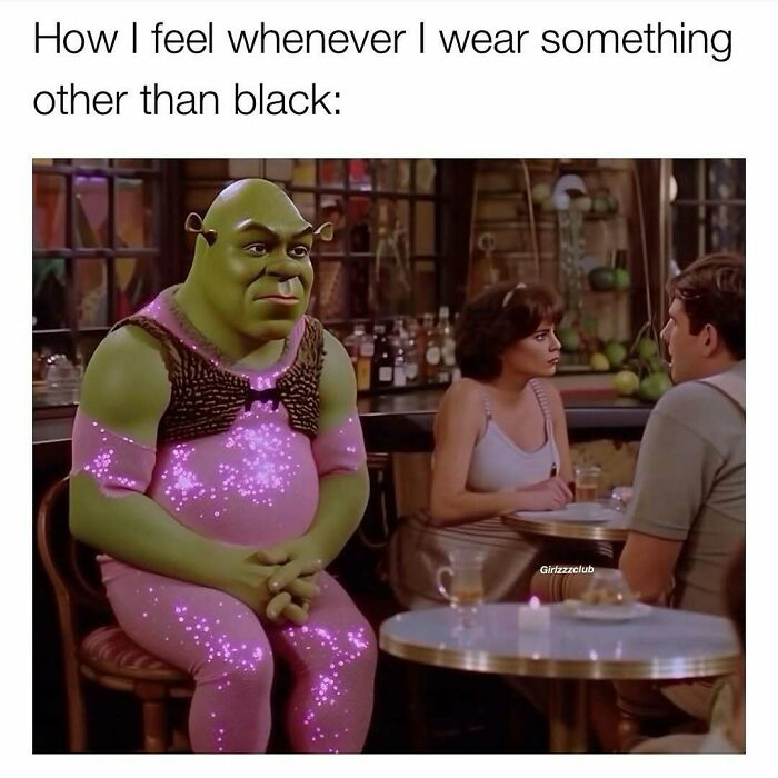 Shrek wearing a sparkly pink outfit at a restaurant, illustrating feeling different when not wearing black.