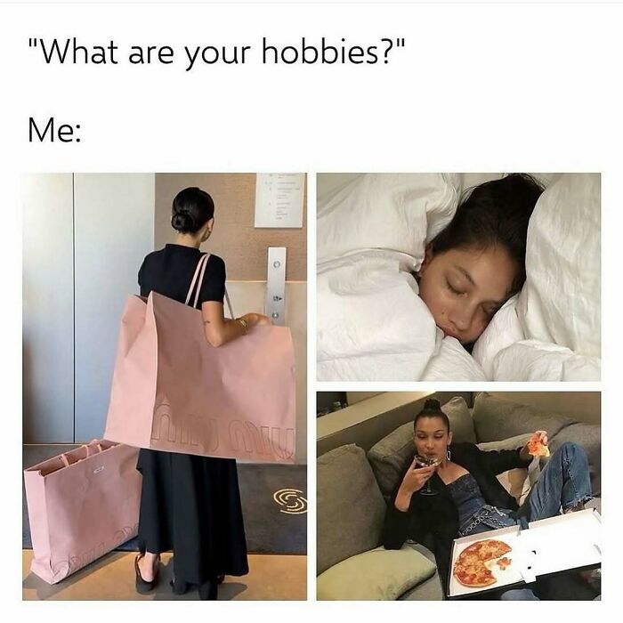 Woman with large shopping bags, sleeping wrapped in white blankets, and relaxing with pizza and a drink, cute and wholesome posts.