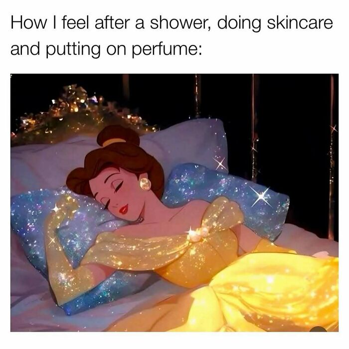 Animated illustration of a glamorous princess feeling radiant after skincare and perfume, cute and wholesome posts for girlies.