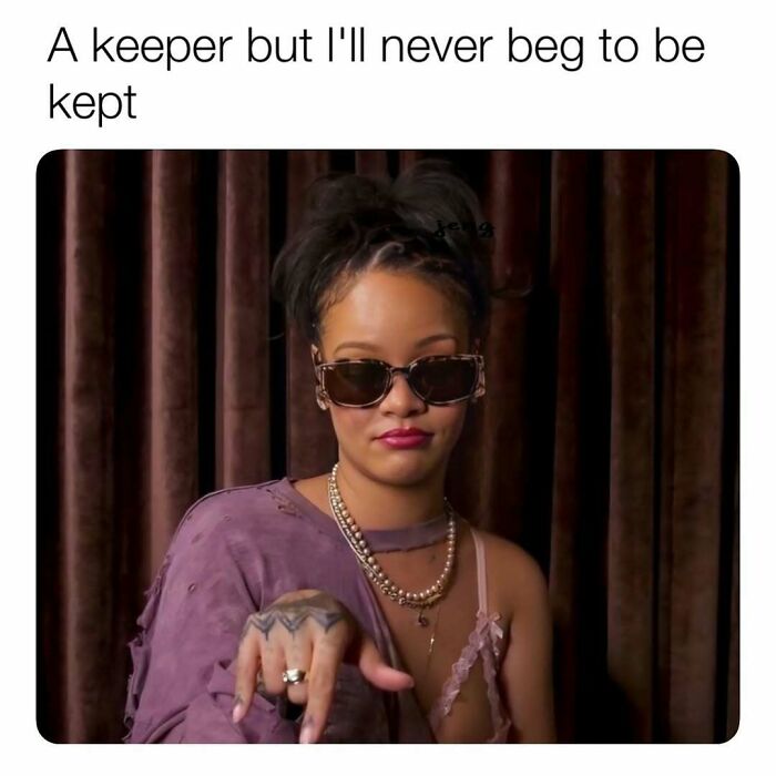 Confident woman wearing sunglasses and layered necklaces with a caption about being a keeper in wholesome posts for girlies.