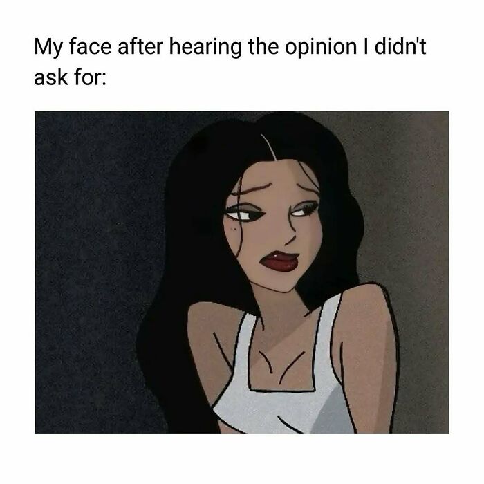 Cartoon girl with long dark hair and white top showing a skeptical face, representing cute and wholesome posts for girlies.