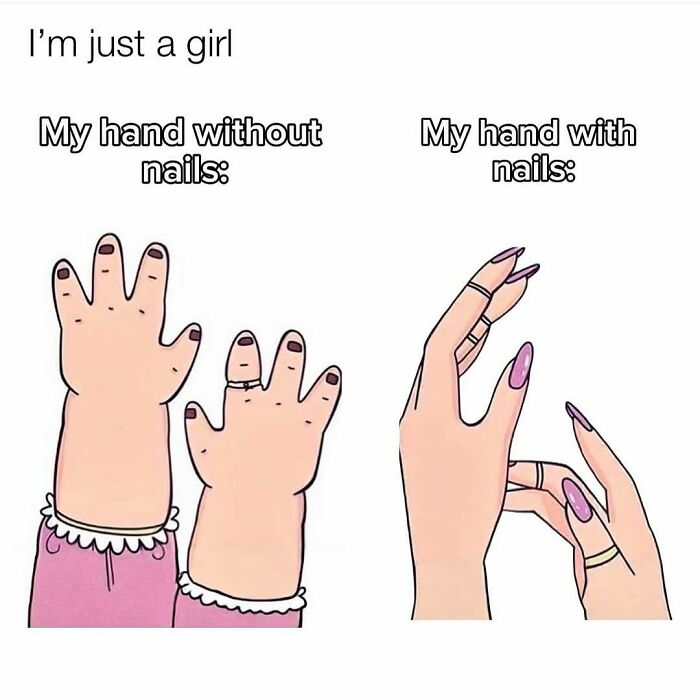 Illustration comparing a girl's hand without nails and with long polished nails, highlighting cute and wholesome girlie posts.