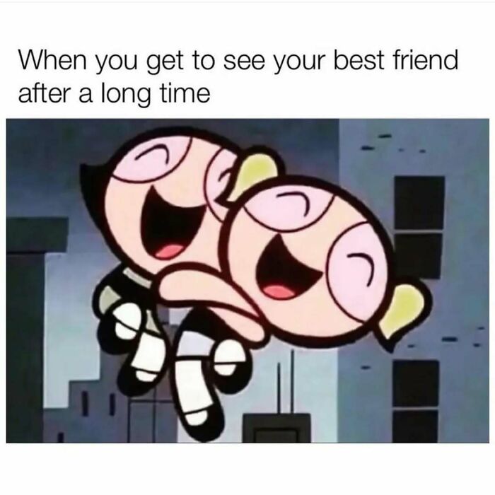 Two animated characters joyfully hugging representing cute and wholesome posts about friendship for girlies.