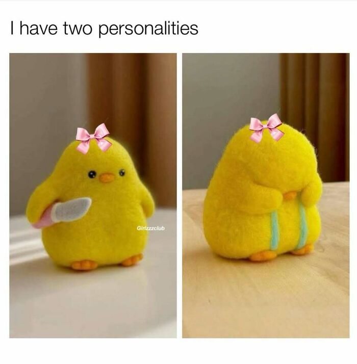 Two yellow plush chicks with pink bows, one holding a knife and the other crying, representing two cute and wholesome personalities.