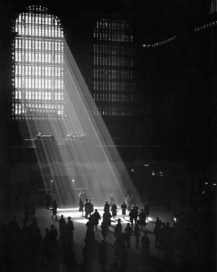 Sunlight beams through large architectural windows, illuminating people inside a grand historic architectural structure.